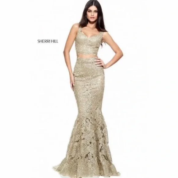 Sherri Hill Gold Lace Two-Piece Prom Dress - Picture 2 of 6